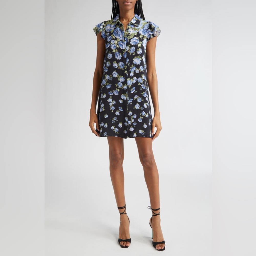 Alice + Olivia Jem Floral Ruffle Sleeve Mini Shirtdress Smell The Roses